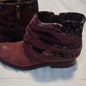 A.S.98 Burgundy Suede Ankle Boots with Floral Fabric Trim